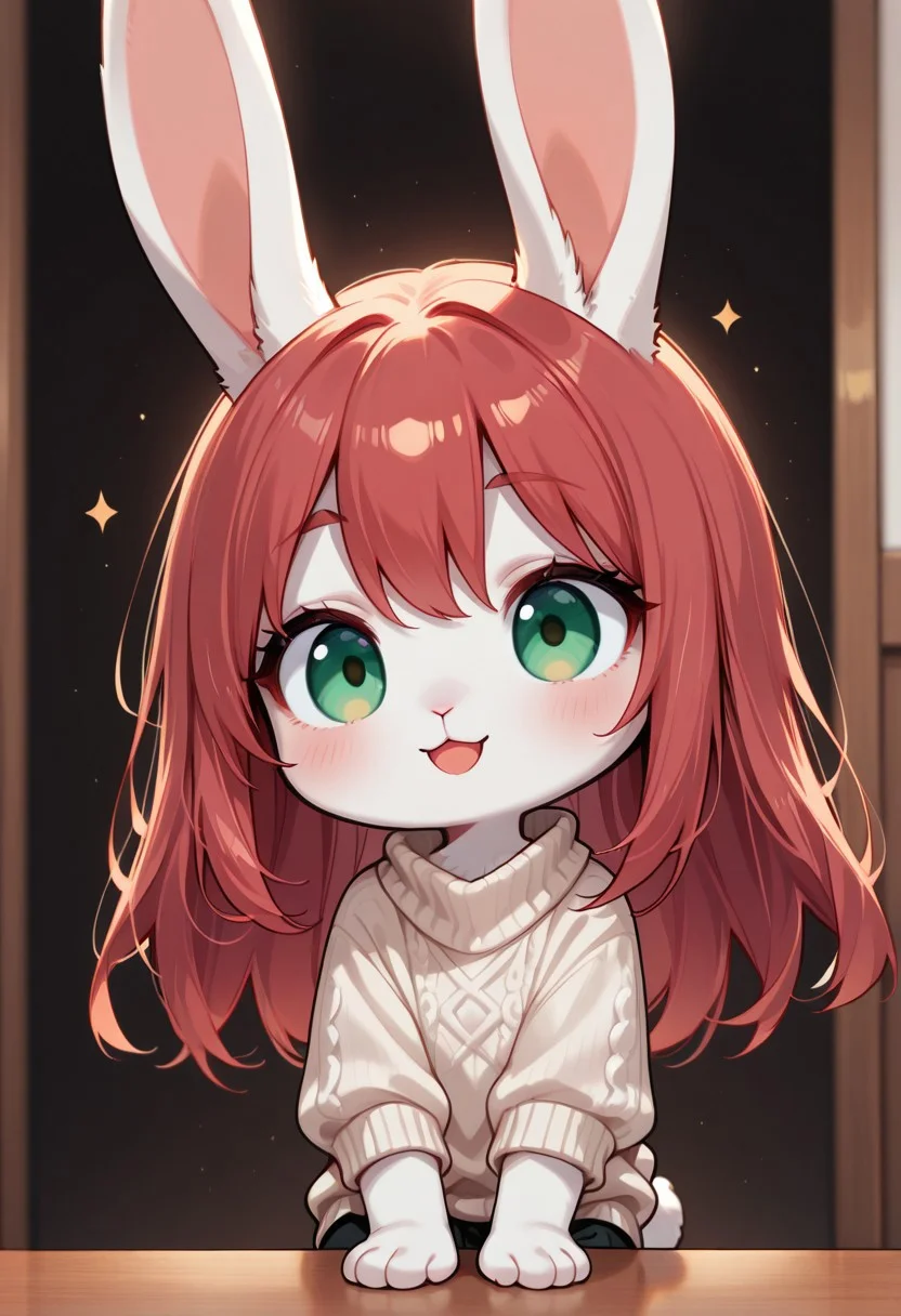 masterpiece,best quality,amazing quality, very aesthetic,
rabbit girl,furry,red hair,white rabbit ear,solo,add detailed eyes,green eyes,dressed, black roll-up sweater,happy,long hair,
chibi, solo, simple art, solid stroke,