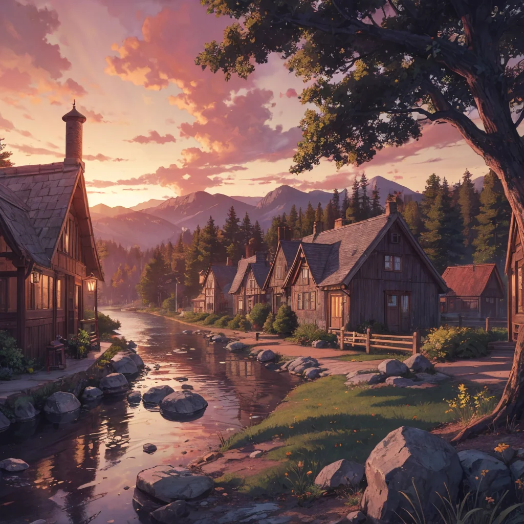 beautiful, linework, thick outlines, strong shadows, <lora:detail_slider_v4:1.0>,
celtic tribal village, wooden buildings, hillside, small creek, trees, torches, dirt crossroads, lookout tower, well, sunrise,