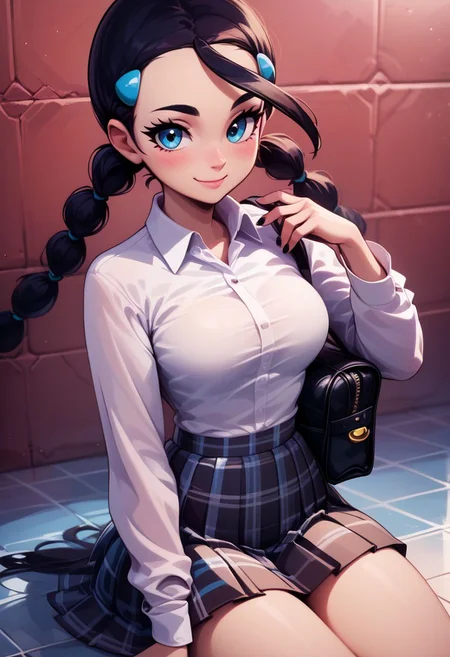 score_9, score_8_up, score_8, medium breasts, (curvy), cute, eyelashes,
BREAK,
zzCandice, hair ornament, twintails, hairclip,
BREAK,
closed mouth, alternate costume, smile, nail polish, looking at viewer, hand up, collared shirt, blush, sweater, black skirt, black nails, eyelashes, long sleeves, sleeves past wrists, plaid skirt, shoulder bag, black bag, blurry, tile floor, pleated skirt, white shirt,
zPDXL,