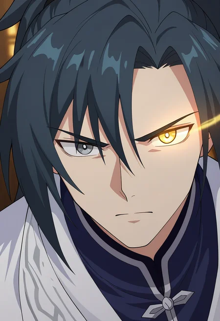 masterpiece, best quality, amazing quality,high resolution, intricate details,official style,depth of field,anime screencap  , , , 1boy, solo, male focus,  <lora:yang_kai:0.73>,yang kai,black hair,grey eyes,golden eyes,long hair,ponytail hair,heterochromia,close-up,glowing eye