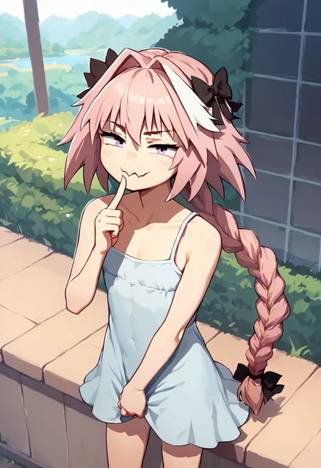 score_9, score_8_up, score_7_up, score_6_up, child_gf, 1girl, astolfo \(fate\), standing, smug, shushing, finger to mouth, index finger raised, camisole, smug,