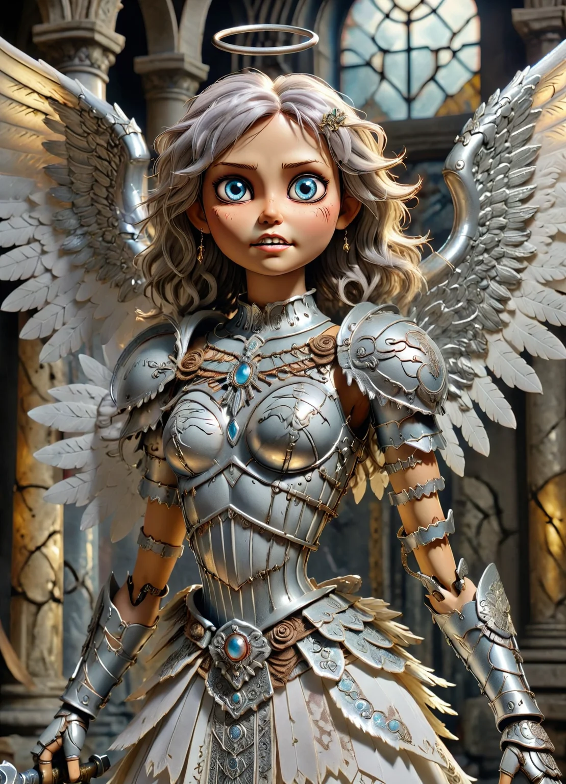 DonMCr33pyD0115XL angel, female warrior maiden spirit, ornamented shining silver armor and weaponry, wings, radiant noble appearance, , guides to the afterlife, bravery, honor, powerful, otherworldly , <lora:DonMCr33pyD0115XL:1>