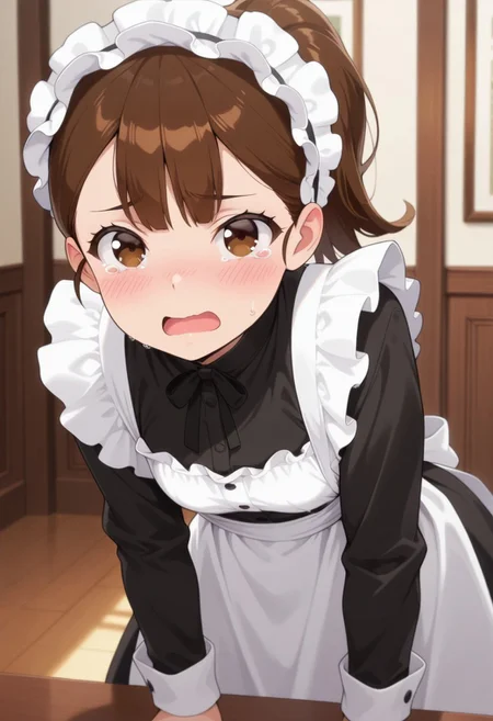 masterpiece,best quality,amazing quality, sylvia, brown hair, ponytail, brown eyes, 1girl, solo, maid, open mouth, blush, tears, looking at viewer, maid headdress, tearing up