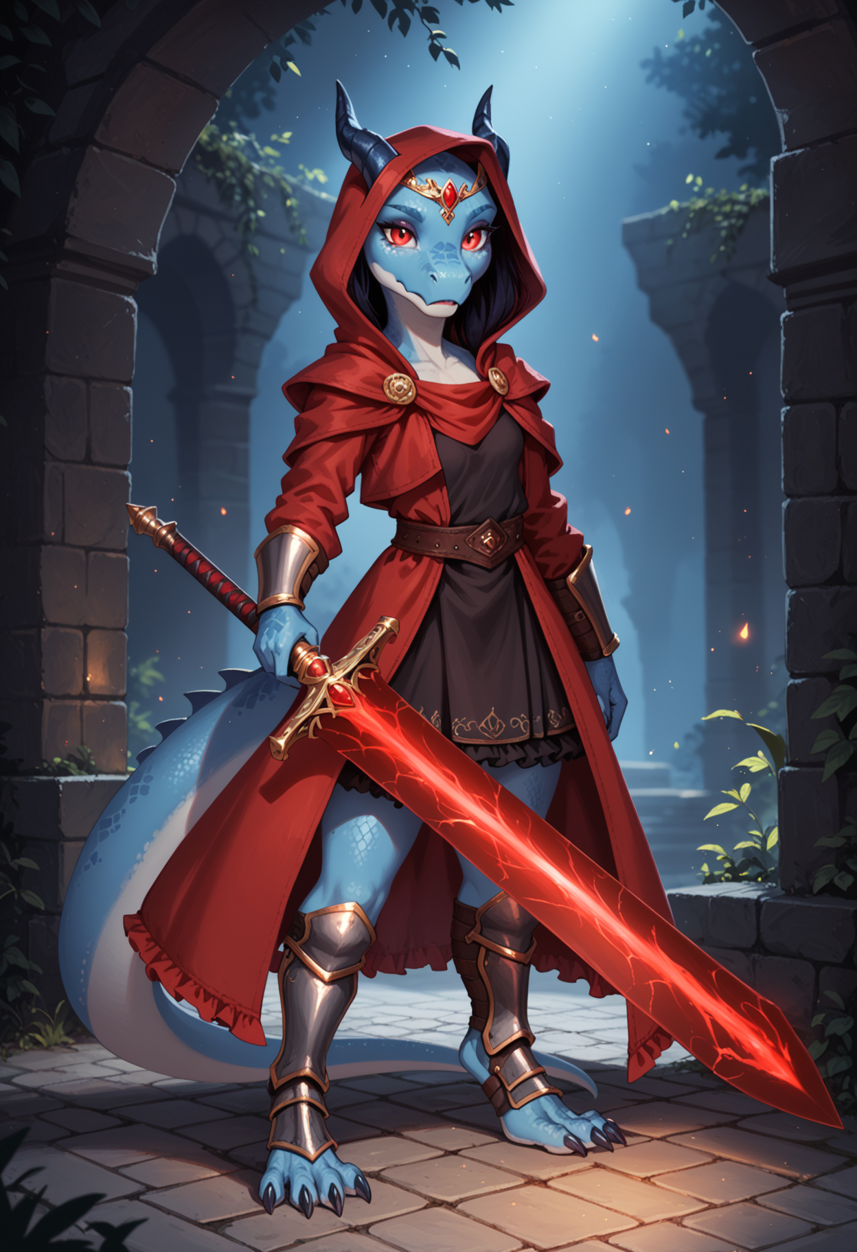 score_9, score_8_up, score_7_up,
source_furry, high quality, perfection, detailed, aesthetic, well-lighted,
detailed background, concept art, realistic, dark ruin background, cobblestone floor, night,
1girl, solo, full-body portrait,
scalie female, anthro, scalled body, beautiful girl, cute girl, adult, youthful, beautiful face, beautiful eyes, perfect eyes, detailed eyes,
kobold girl, blue scales, blue skin, small breasts, petite girl, shortstack, barefoot, red eyes,
black knight armor with red rims, armored boots, open-toe boots, red fabric, long red frilly skirt, jeweled circlet,
standing, looking at viewer, holding sword handle, glowing red sword, oversized sword, coat, tunic, black fur, shadows, red glowing energy, flowing energy,
<lora:princess_xl_v2:0.6>, <lora:p_ami_v10_adafactor:0.4>, <lora:incase-ilff-v3-4:0.5>, <lora:CleanDetailed_Eyes:0.25>,âââ