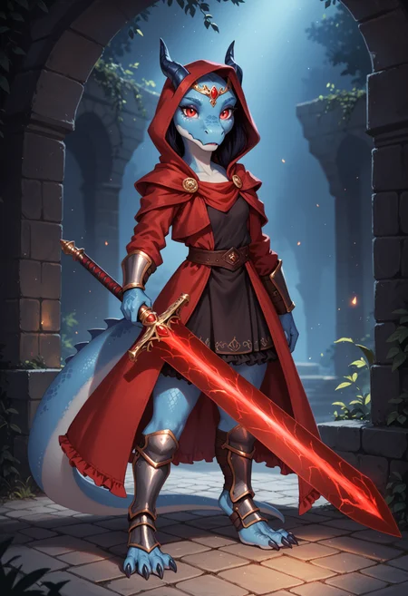 score_9, score_8_up, score_7_up,
source_furry, high quality, perfection, detailed, aesthetic, well-lighted,
detailed background, concept art, realistic, dark ruin background, cobblestone floor, night,
1girl, solo, full-body portrait,
scalie female, anthro, scalled body, beautiful girl, cute girl, adult, youthful, beautiful face, beautiful eyes, perfect eyes, detailed eyes,
kobold girl, blue scales, blue skin, small breasts, petite girl, shortstack, barefoot, red eyes,
black knight armor with red rims, armored boots, open-toe boots, red fabric, long red frilly skirt, jeweled circlet,
standing, looking at viewer, holding sword handle, glowing red sword, oversized sword, coat, tunic, black fur, shadows, red glowing energy, flowing energy,
<lora:princess_xl_v2:0.6>, <lora:p_ami_v10_adafactor:0.4>, <lora:incase-ilff-v3-4:0.5>, <lora:CleanDetailed_Eyes:0.25>,âââ