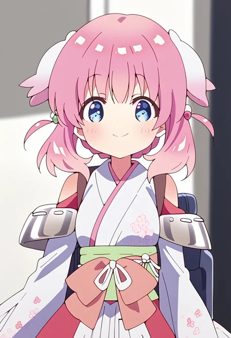 1girl, solo, pdhaizakura, baseoutfit, blush, short hair, bangs, blue eyes, hair ornament, long sleeves, twintails, pink hair, detached sleeves, japanese clothes, wide sleeves, kimono, <lora:PonyXL Prima Haizakura:1> score_9, score_8_up, score_7_up, score_6_up, score_5_up, score_4_up , anime coloring ,BREAK source_anime, anime,
pov,(upper body), smile,