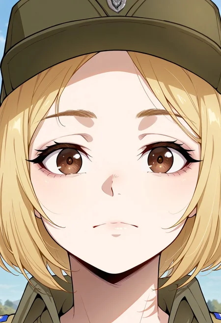 screencap, masterpiece, best quality, (Expressiveh),
1girl, solo female, marichka, blonde hair, short hair, brown eyes, military uniform, military hat, portrait, cute, beautiful, close up up close, close, looking at viewer, raised brows,