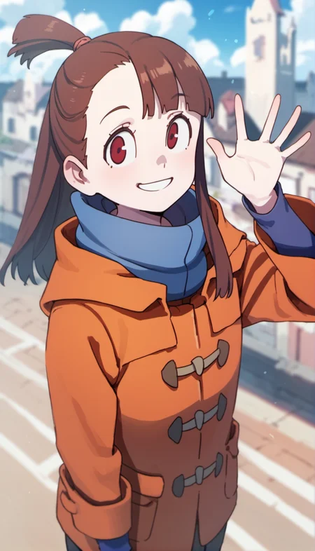 score_9,score_8_up,score_7_up,
<lora:AtsukoKagari:0.9>,akkokagari,
1girl,solo,brown hair,long hair,bangs,short ponytail,pink hair tie,
red eyes,looking at viewer,smile,
orange duffle coat,blue undershirt,blue high collar,
portrait,from above,waving,
blurry background,outdoors,light particles,blue sky,bloom,cloud,street,castle,lens_flare,