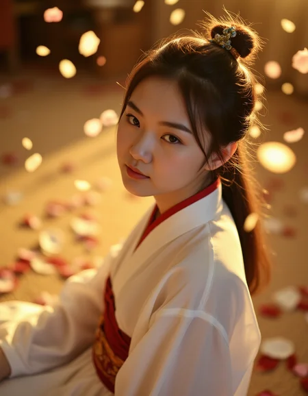 18 y.o chinese hanfu girl,golden moment,petals flying all over the sky and falling all over the floor,depth of field,virtual background,photo quality,beautiful,eye-contact,from_above,from_side,low light,