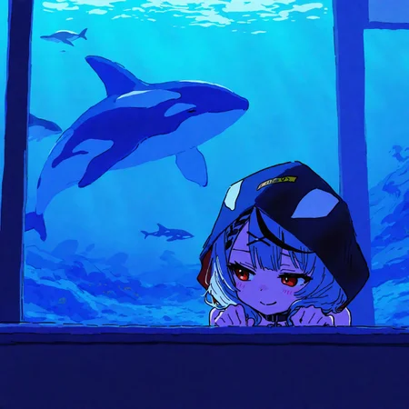 masterpiece, best quality, good quality, very awa, firedotinc, 1girl, solo, sakamata chloe, virtual youtuber, sakamata chloe (1st costume), orca hood, sad smile, tareme, looking at animal, leaning, solo focus, indoors, scenery, aquarium, orca, against glass, surreal, portrait, <lora:ai_styles_collection_noob_vpred-1.0-v4.02:1>