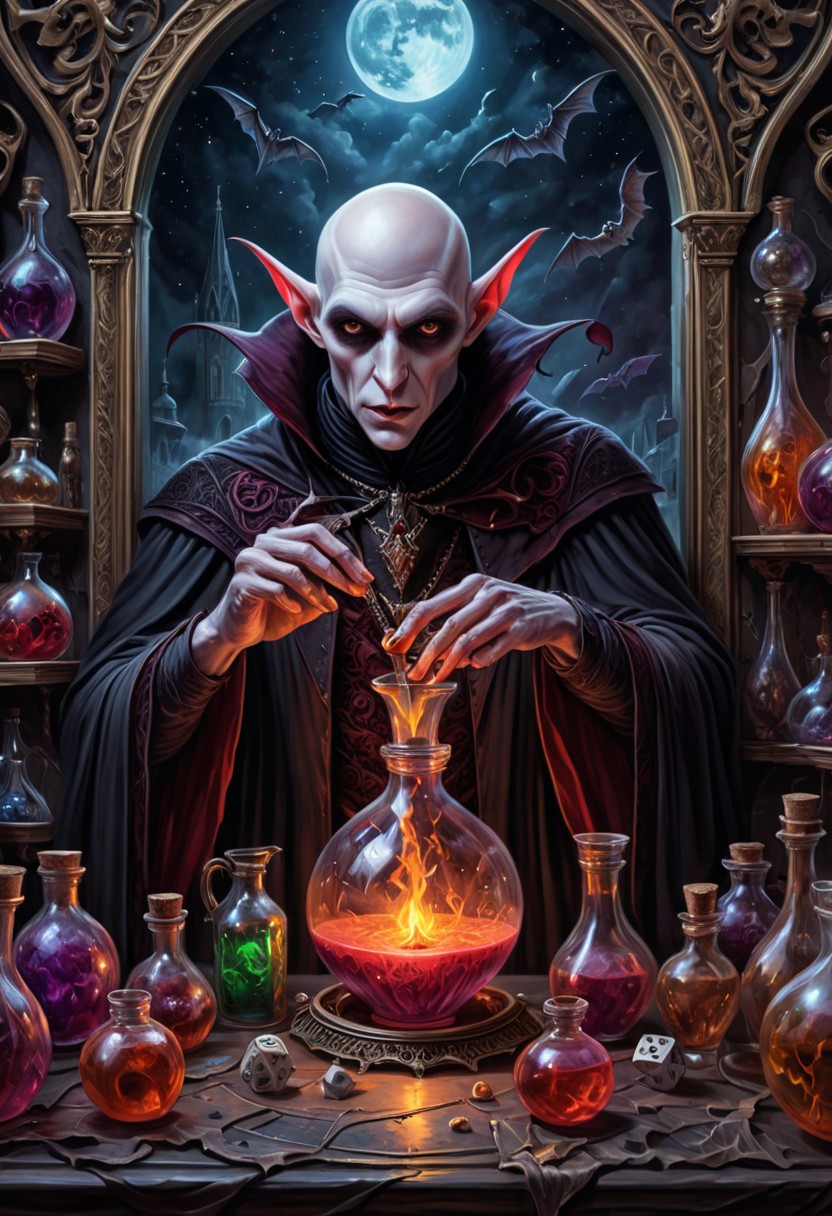 Ethereal fantasy concept art of vampire lord nosferatu brewing potions. Dice, magnificent, celestial, ethereal, painterly, epic, majestic, magical, fantasy art, cover art, dreamy, insanely detailed and intricate, hyper maximalist, elegant, hyper realistic, super detailed, vivid colours, ornate, dynamic, articulate, 8K, <lora:3D_Framed_Wall_Art_-_By_DICE:0.6>, (Framed 3D), EPIC, high budget Hollywood movie, volumetric, Painstaking Attention To Detail, UHD