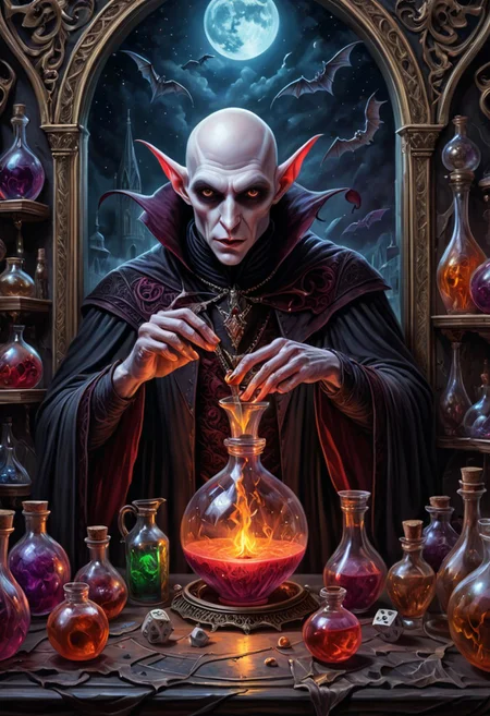 Ethereal fantasy concept art of vampire lord nosferatu brewing potions. Dice, magnificent, celestial, ethereal, painterly, epic, majestic, magical, fantasy art, cover art, dreamy, insanely detailed and intricate, hyper maximalist, elegant, hyper realistic, super detailed, vivid colours, ornate, dynamic, articulate, 8K, <lora:3D_Framed_Wall_Art_-_By_DICE:0.6>, (Framed 3D), EPIC, high budget Hollywood movie, volumetric, Painstaking Attention To Detail, UHD