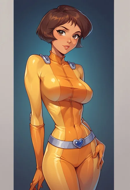 core_9, score_8_up,score_7_up, score_6_up, score_5_up, score_4_up, 1girl, alex \(totally spies\), brown eyes, brown hair,,, narrow waist, large breasts, yellow bodysuit, belt