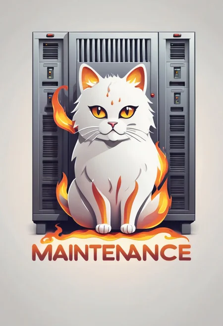 a server room on fire, a cute cat holding a sign, (((Maintenance text logo)))