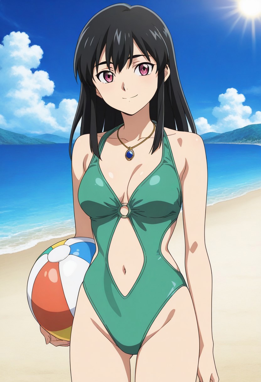 official art, detailed anime, ultra detailed anime art, anime screencap, screencap, score 9, score 8 up, score 7 up, masterpiece, anime coloring, source anime,
BREAK
RoyaKiba, 1girl, solo, black hair, ((long hair)), sidelocks, dark pink eyes, breast, navel, 
BREAK
jewelry, necklace, pendant, gem, one-piece swimsuit,clothing cutout barefoot
BREAK
cowboy shot, standing, happy face, smiling, holding a beach ball at side, generic beach, sea side, green hills, perfect weather, sun, blue sky, some clouds,  detailed background,