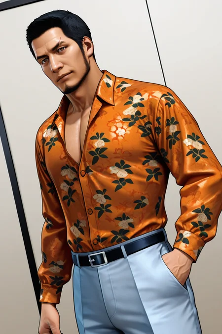 perfect anatomy, perfect proportions, best quality, masterpiece, high_resolution, high quality, best aesthetic, incredibly absurdres, highres, extremely detailed, huge filesize, solo male, adult, mature, masculine, manly, handsome, charming, alluring, standing, upper body, dutch angle, cowboy shot, perfect face, source_game \(Yakuza\), official style \(Yakuza\), source_game \(Judgment\), official style \(Judgment\), Masaharu Kaito, YKZKaito, black hair, short hair, brown eyes, eyebrow slit, small scar cuts through left eyebrow, facial hair, chinstrap beard, jawline beard, YKZKaito_outfit01, orange and yellow and black floral silk button-up shirt, floral print, orange floral shirt, light grey dress pants, black slip-on leather loafers, black shoes,