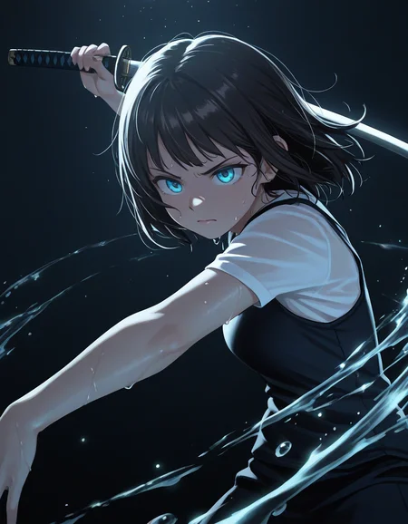 1girl, sweat,sweatdrops, from_side, frown, holding katana , dark_background, battle_pose, dynamic_pose, water_particles, light_particles, glowing_water, glowing sweat, black_background, high_contrast,