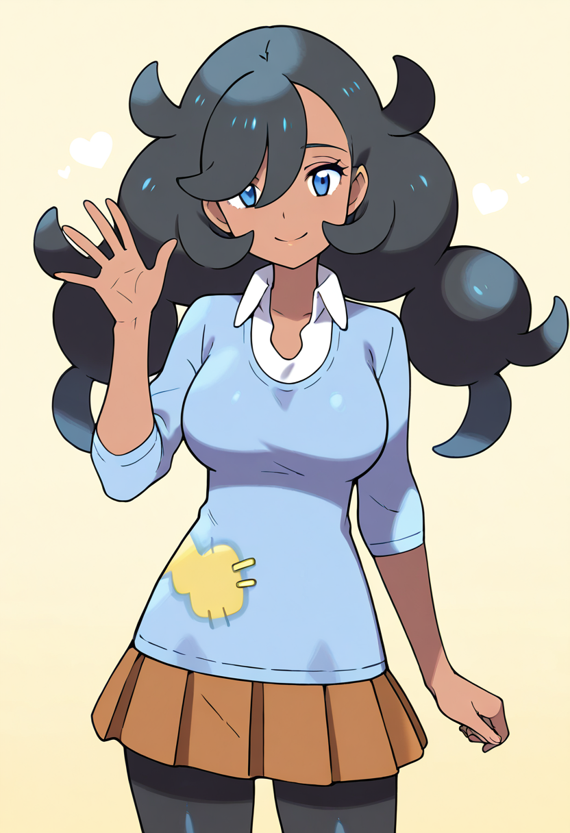 masterpiece, best quality, 1girl, solo, eyelashes, (beautiful eyes), shiny skin, looking at viewer, smile, large breasts, zzEmma, blue eyes, long hair, black hair, dark skin, twintails, hair between eyes, hair over one eye,  white shirt, collared shirt, blue sweater, brown skirt, pleated skirt, black pantyhose,   <lora:EmmaPokemon_IXL_v1:1.0>, one hand raised, waving, standing pose, cowboy shot, smile,  looking at viewer,