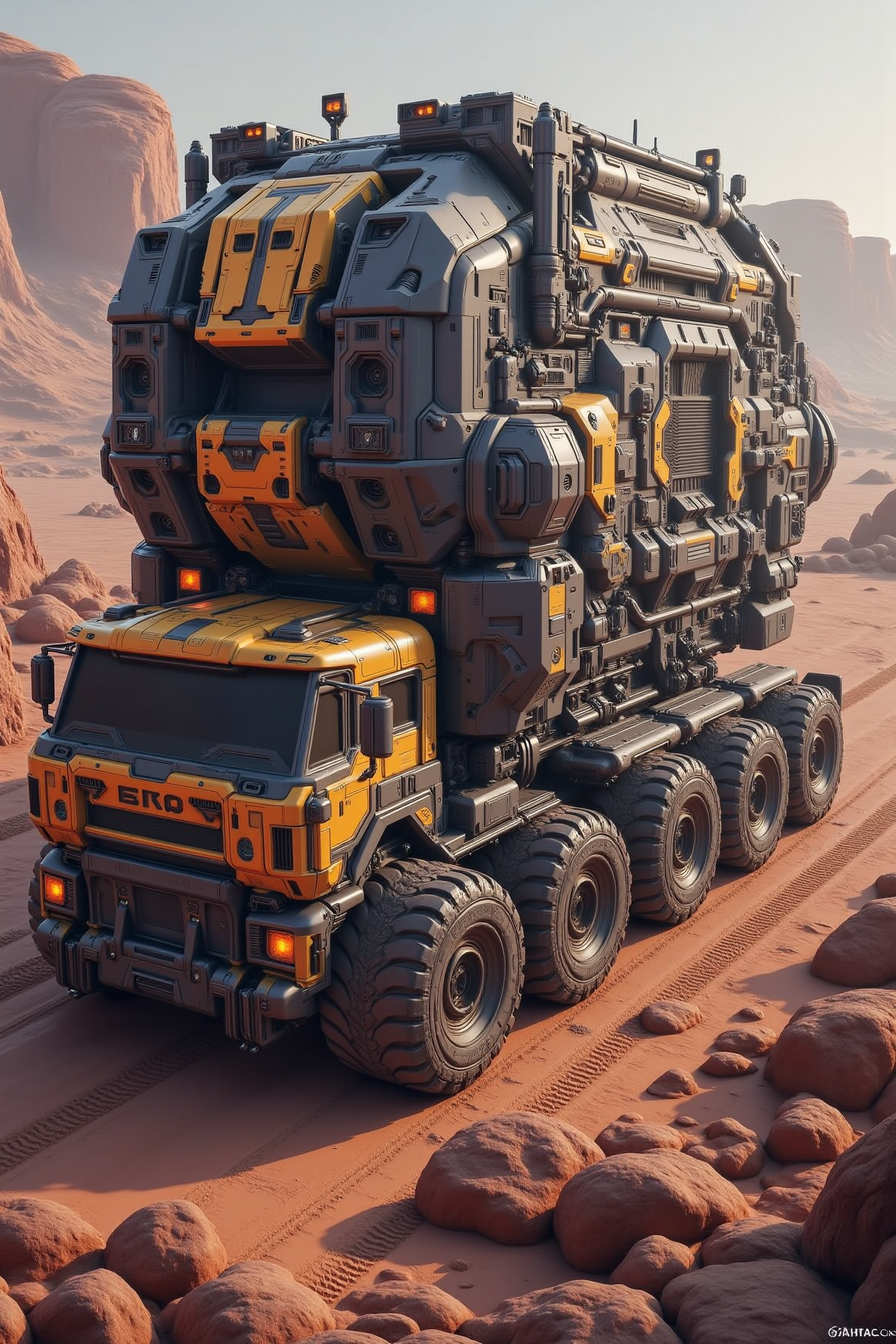YFG-R1gs, A reality-warping construction truck, its cargo bay capable of altering the laws of physics, delivers experimental materials to a research lab on a distant planet. The construction truckâs AI manipulates gravity and other physical forces to assemble complex structures. The surrounding planet is a rocky, desolate landscape.