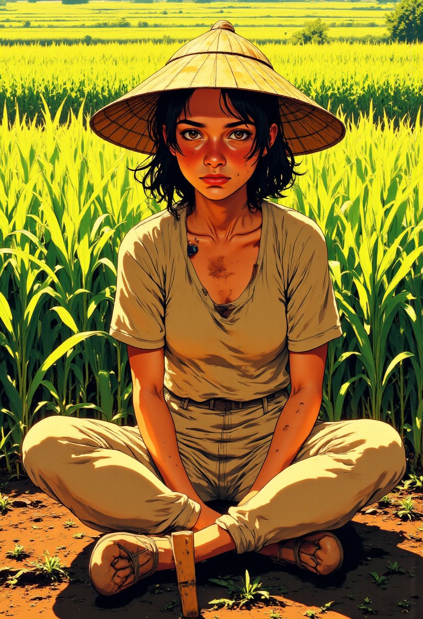 young lady farmer sits cross-legged on the ground directly in front of lush rice paddies that stretch toward the horizon. Her deeply wrinkled face tells the story of decades working under the tropical sun, with leathery skin creased by time and weather. Her eyes, though tired, reflect wisdom and a profound connection to the land she has tended all her life. SHe wears a traditional conical bamboo hat (caping) that casts subtle shadows across her weathered features while protecting him from the intense sunlight above.
Her attire is humble but practical - a plain, well-worn short-sleeve dress with sweat stains around the collar, simple tight leggings showing her limb contour, and sturdy slippers caked with layers of dried mud from countless hours in the fields. The color of her clothing has faded from years of sun exposure and washing.
The farmer rests a wooden-handled hoe against her right shoulder, her calloused hand gripping it with the practiced ease of someone who has wielded this tool her  entire life. Her posture shows both weariness and quiet dignity. Behind him, the meticulously arranged rice plants stand in perfect rows, their vibrant green contrasting with the rich brown earth. The golden afternoon light bathes the scene, highlighting the textures of the paddies and the farmer's sun-baked skin. anime
