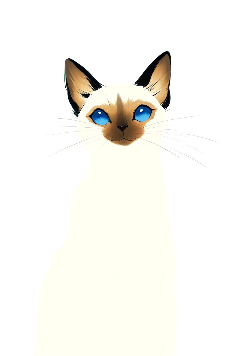 no humans,siamese cat,looking at viewer,facing up,flat color,smile,blue eyes,happy, 
very awa,masterpiece,best quality,absurdres,newest,white background,
luochun ring,