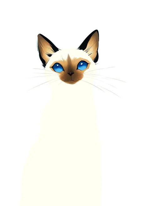no humans,siamese cat,looking at viewer,facing up,flat color,smile,blue eyes,happy, 
very awa,masterpiece,best quality,absurdres,newest,white background,
luochun ring,