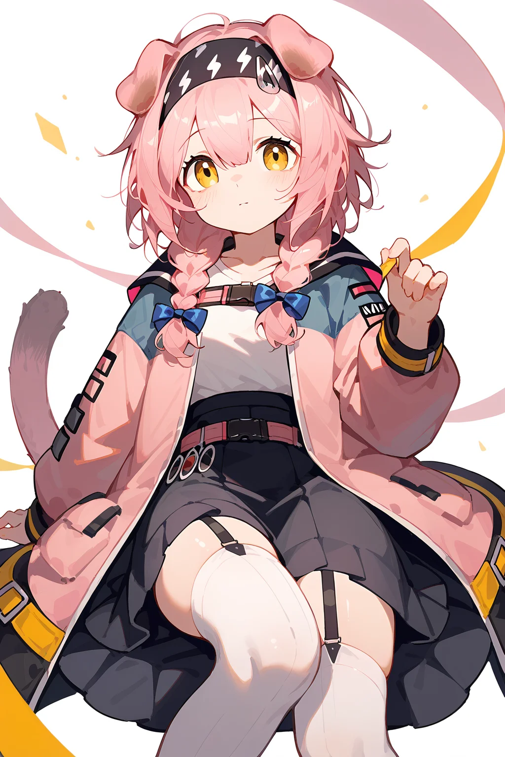 (score_9,score_8_up,score_7_up),<lora:Goldenglow(Arknights)-v1-000008:0.8>,goldenglow (arknights),1girl,solo,animal ears,yellow eyes,garter straps,cat ears,thighhighs,long hair,skirt,white thighhighs,braid,black skirt,pink hair,hairband,tail,cat tail,long sleeves,pink coat,jacket,pink jacket,bow,blue bow,looking at viewer,black hairband,cat girl,bangs,shirt,floppy ears,open clothes,open jacket,hair between eyes,white shirt,
good feet,anime,NSFW,expressive,amazing quality,ultra hd 32k,
