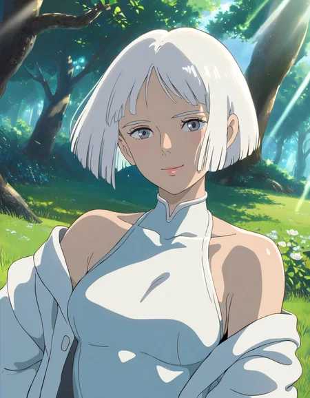 Studio Ghibli, hand-drawn animation style,
masterpiece, high score,
1 girl,(short hair,white hair,bangs,grey eyes:1.2),bare shoulders,white jacket,black highleg leotard,leotard under jacket,looking at the viewer,upper body,forest,big trees,white flowers and green grass,sunlight,tyndall light,bokeh,DOF,morning of summer,studio ghibli,lucy \(cyberpunk\)
<lora:Ghibli_xl_v2:1>