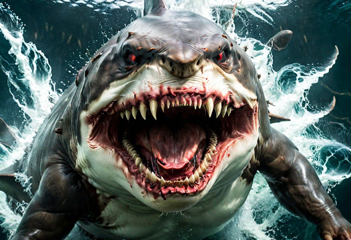 shark , great white , The beasts looks very angry and ready to cause chaos,  DEVIL SPAWN