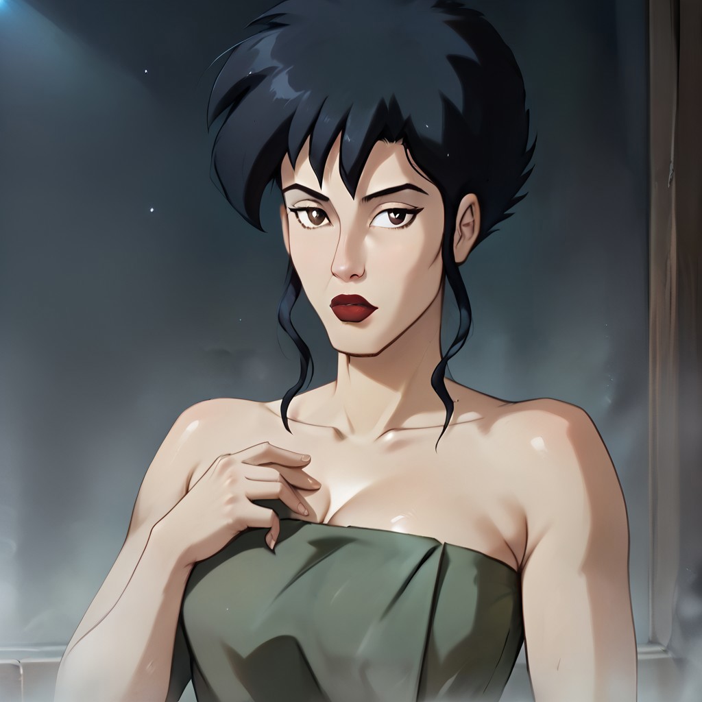 SCORE_9, SCORE_8_UP, SOURCE_FURRY, REALISTIC, SOLO, 1 FEMALE, BREAK, KERRIE STRAIN, BLACK HAIR, BROWN EYES, LIPSTICK, NAKED-TOWEL, BODY PORTRAIT, CHEST, BREAK, CLOSE-UP, SCI FI HOUSE, WINDOWS, OUTER SPACE, DISTANT STARS, HIGH RESOLUTION, VIVID TEXTURES, DETAILED PUPILS