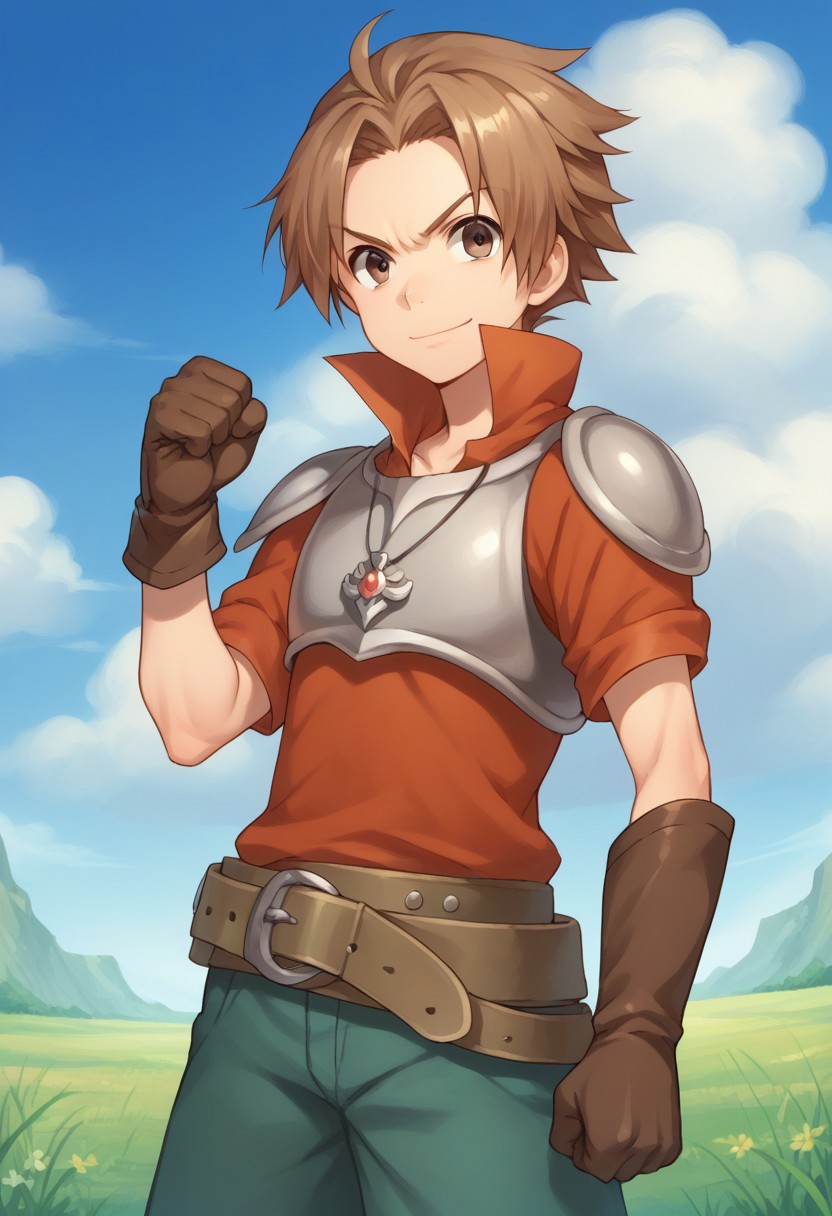 score_9, score_8_up, score_7_up, source_anime, highly detailed, 
albafru, 1boy, solo, male focus, brown hair, brown eyes, armor, shorts, belt, jewelry, smile, determined, hand up, clenched fist, upper body, gloves, brown gloves,
outdoor, sky, clouds,
