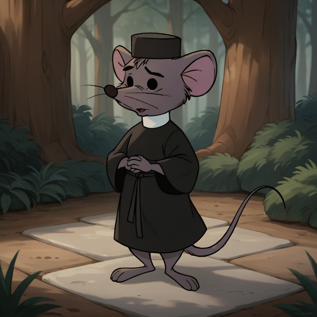 score_9, score_8_up, score_7_up, score_6_up, score_5_up, score_4_up, source_furry, sextonRH, semi-anthro, male, mouse, grey fur, black robe, white collar, black hat, own hands together, standing, in forest, black eyes, <lora:71ae0323-8da6-41d1-b136-3bc6526746ad:0.7>