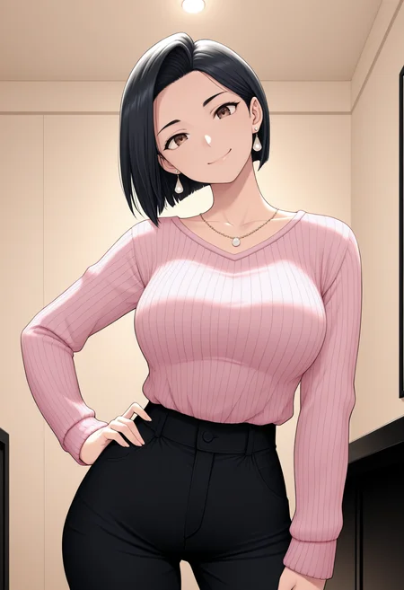 masterpiece, best quality, 1girl, solo, brown eyes, black hair, short hair, earrings, necklace, pink sweater, ribbed sweater, sweater tucked in, black pants, indoors, hand on hip, head tilt, looking at viewer, smile, <lora:ChamYamadaSanaeNoob:1>