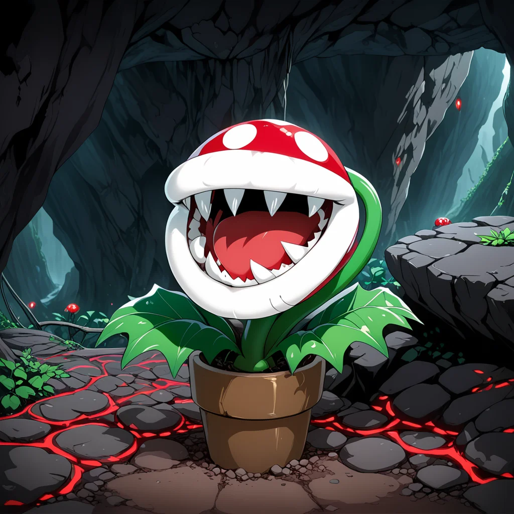 PiranhaPlantXL, red plant, fangs, underground cave , <lora:PiranhaPlantXL:1>, (anime, masterpiece, intricate:1.3), (best quality, hires textures, high detail:1.2), (4k),(incredibly detailed:1.4),UHD, 8K, ultra detailed