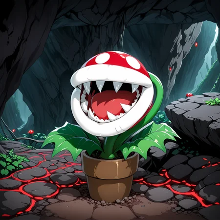 PiranhaPlantXL, red plant, fangs, underground cave ,  <lora:PiranhaPlantXL:1>, (anime, masterpiece, intricate:1.3), (best quality, hires textures, high detail:1.2), (4k),(incredibly detailed:1.4),UHD, 8K, ultra detailed