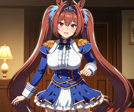 masterpiece, best quality, amazing quality, , 1girl, solo, looking at viewer, cowboy shot, smile, open mouth, <lora:Daiwa Scarlet in game style 3D:1> ummsmingame, 3d, daiwa scarlet \(umamusume\),