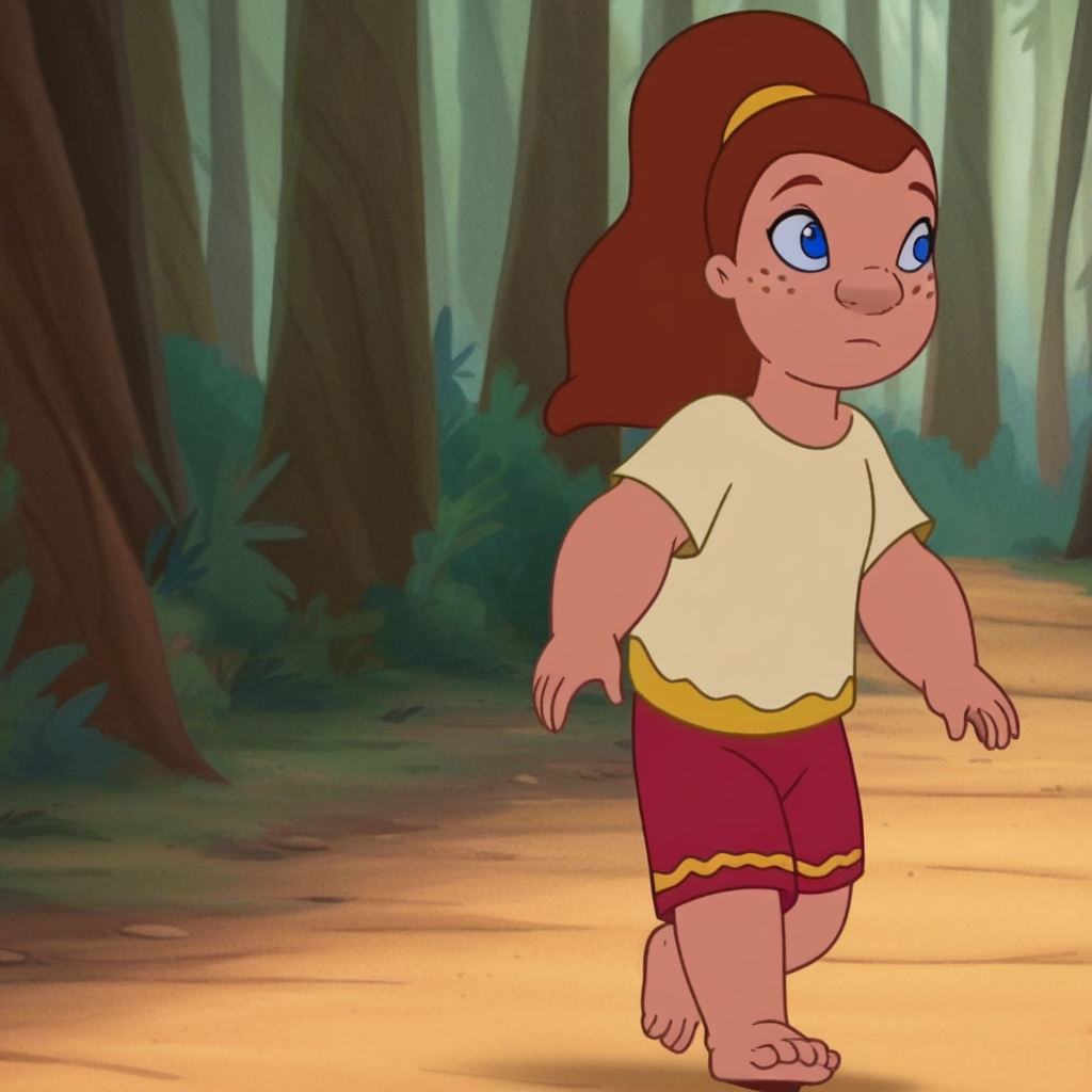 score_9, solo, victoria_las, brown hair, ponytail, freckles, blue eyes, shirt, shorts, walking, forest, natural lighting