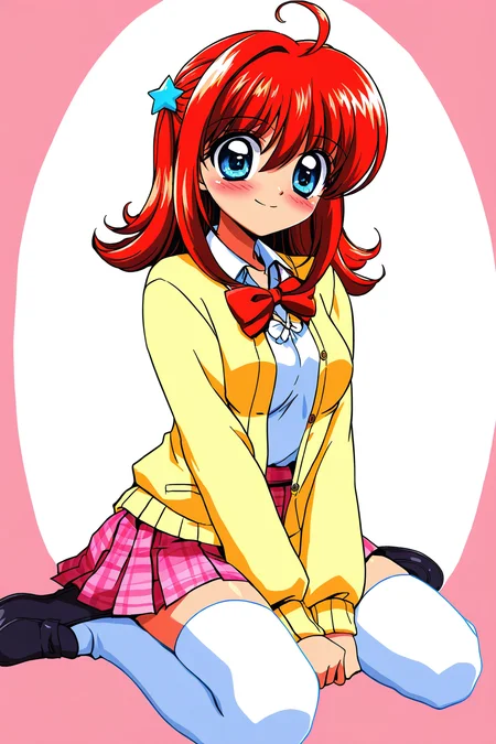 <lora:MermaidMelody:0.8>, mmelody, 1girl, skirt, thighhighs, solo, long hair, hair ornament, ahoge, red hair, star hair ornament, star \(symbol\), white thighhighs, pink skirt, shirt, blue eyes, smile, white shirt, wariza, sitting, plaid, blush, looking at viewer, black footwear, closed mouth, bow, shoes, loafers, long sleeves, cardigan, fruit, hair between eyes, hand between legs, open clothes, bowtie, yellow cardigan, pleated skirt, collared shirt, frills, plaid skirt, full body, ribbon, between legs