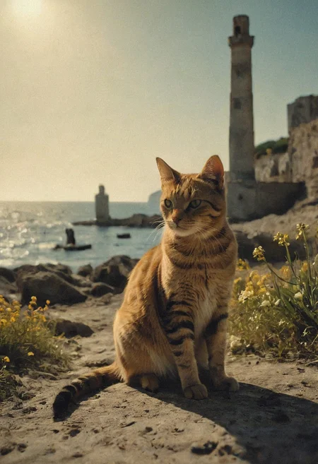 (Soft Lighting Photography by Mimoza Veliu and Mario Giacomelli:1.2), award-winning photography, photo of a cat besides a destroyed badly damaged Colossus of Rhodes in a beautiful beach, Cats running around:1.5, (broken status, spare parts scattered nearby.) Grass and flowers grow around it. Sunny summer day. ocean. Calm and beautiful. Detailed art, many details, cute, adorable, fairytale, storybook detailed illustration, cinematic, ultra highly detailed, beautiful details, vibrant colors, complex background, fine art, best quality, hyper detailed, professional poster art, bold lines, award winning, trending on ArtStation , (intricate details, masterpiece, best quality:1.4), aesthetic and beauty, astounding details, high depth of field, f/4, framing, breakthrough, collodion process, soft particles, ageless atmosphere, (maroon and marigold colors:0.1),dark, chiaroscuro, low-key,  <lora:TWbabeXL01:0.4>