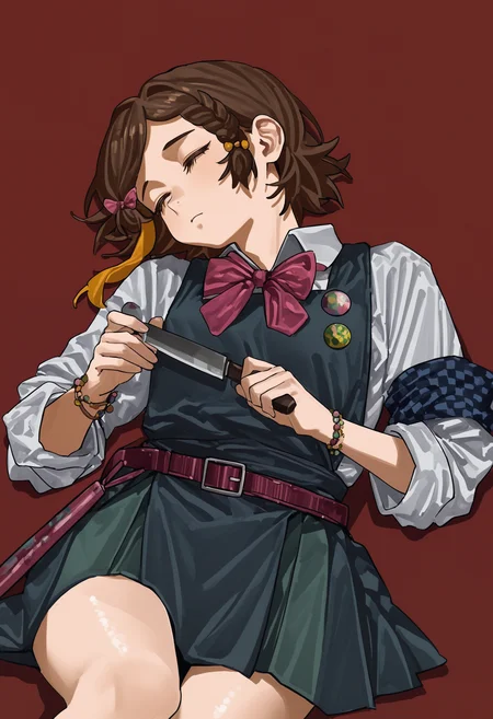 Makishima Haru omop, streaked hair, brown eyes, 1girl, solo, red background, simple background,  closed eyes, holding, lying, holding_knife,  <lora:None:1.0000000000000002> <lora:Makishima_Haru_omop2:1.0000000000000002> <lora:feipinzhanshi_omo:1.0>