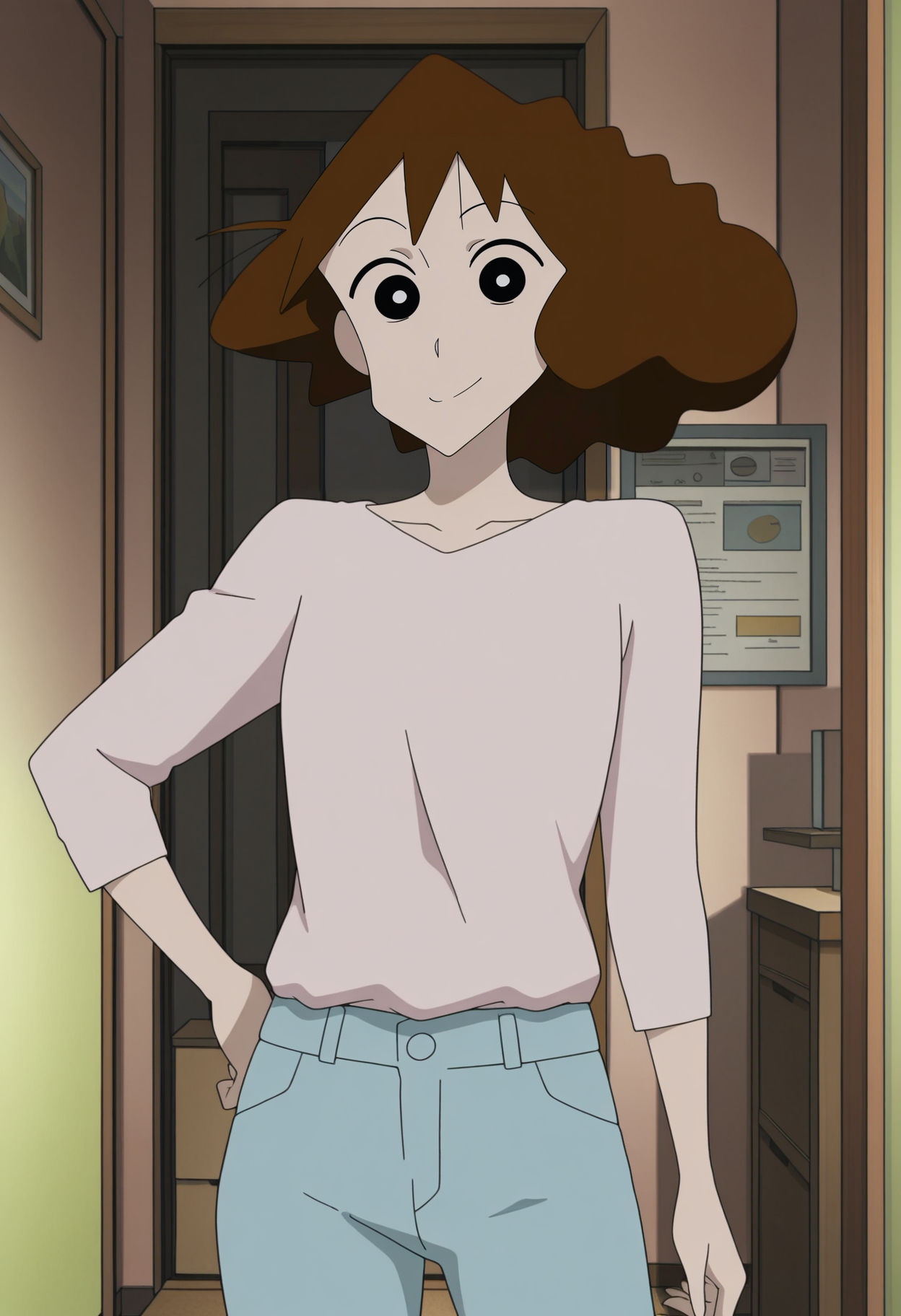 1girl,solo,Misae,brown hair,black eyes,anime coloring,
shirt,pants,cowboy shot, hand on own hip, looking at viewer, smile,indoors
,masterpiece,best quality,amazing quality,<lora:Nohara_Misae:1>