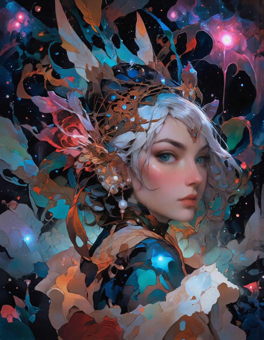 fabulous anthropomorphic beautiful creature woman, with pearl earring, magic realism, in the style of galaxy, hyper-detailed, stunning composition, epic lighting. Niji style.