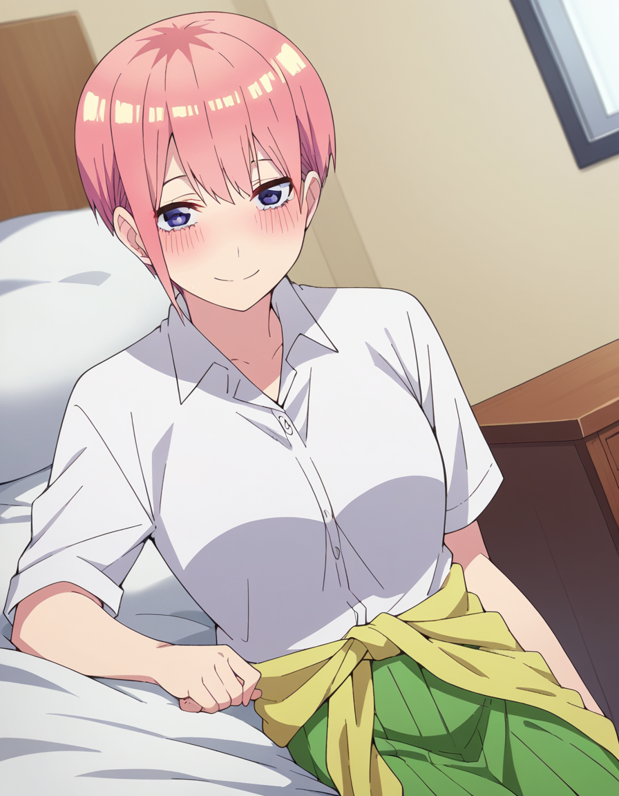 score_9, score_8_up, score_7_up, source_anime,
ichikanakano, <lora:ichika-nakano-s2-ponyxl-lora-nochekaiser:1>, 
ichika nakano, short hair, bangs, blue eyes, hair between eyes, pink hair, pixie cut, smile, mature female,
skirt, shirt, school uniform, white shirt, short sleeves, pleated skirt, collared shirt, sweater, green skirt, clothes around waist,
indoors, bed, bed room, on side, blush, drunk,
looking at viewer, cowboy shot, solo, dutch angle,