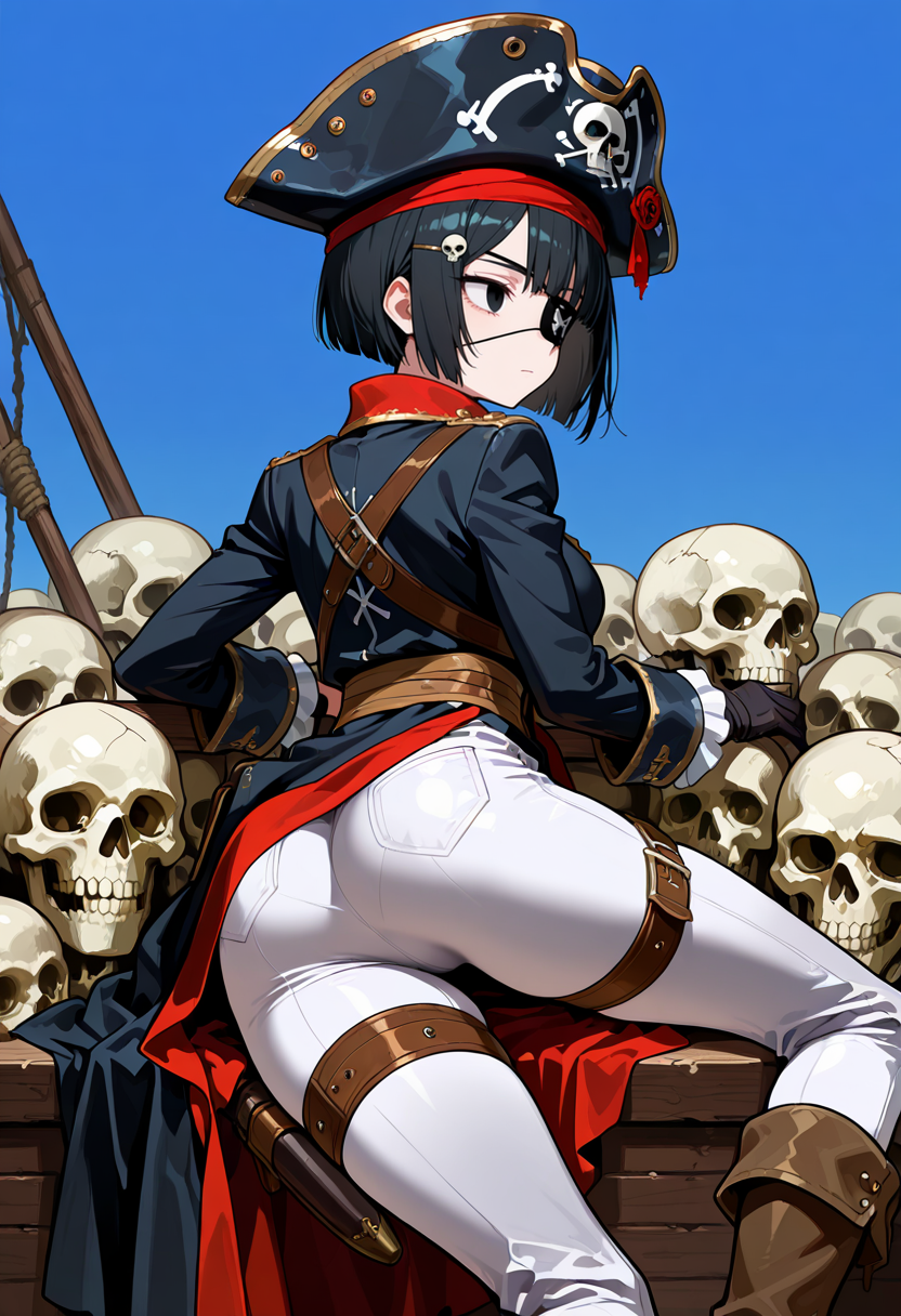 best quality, amazing quality, simple background,((outlined outlined vector graphics)),blue sky,
   back view ,  looking away , 1girl,,solo, 20yo, black hair, black eyes, short bob hair, hair pin,mdeium  breast, slender,(white thigh strap:1.1), (glow eyes:0.7),expressionless, cute face,pirate, pirate girl, eye patch,skull,pants,  lying ,  ,  , ,hat , <lora:pirate-il-01:0.8>