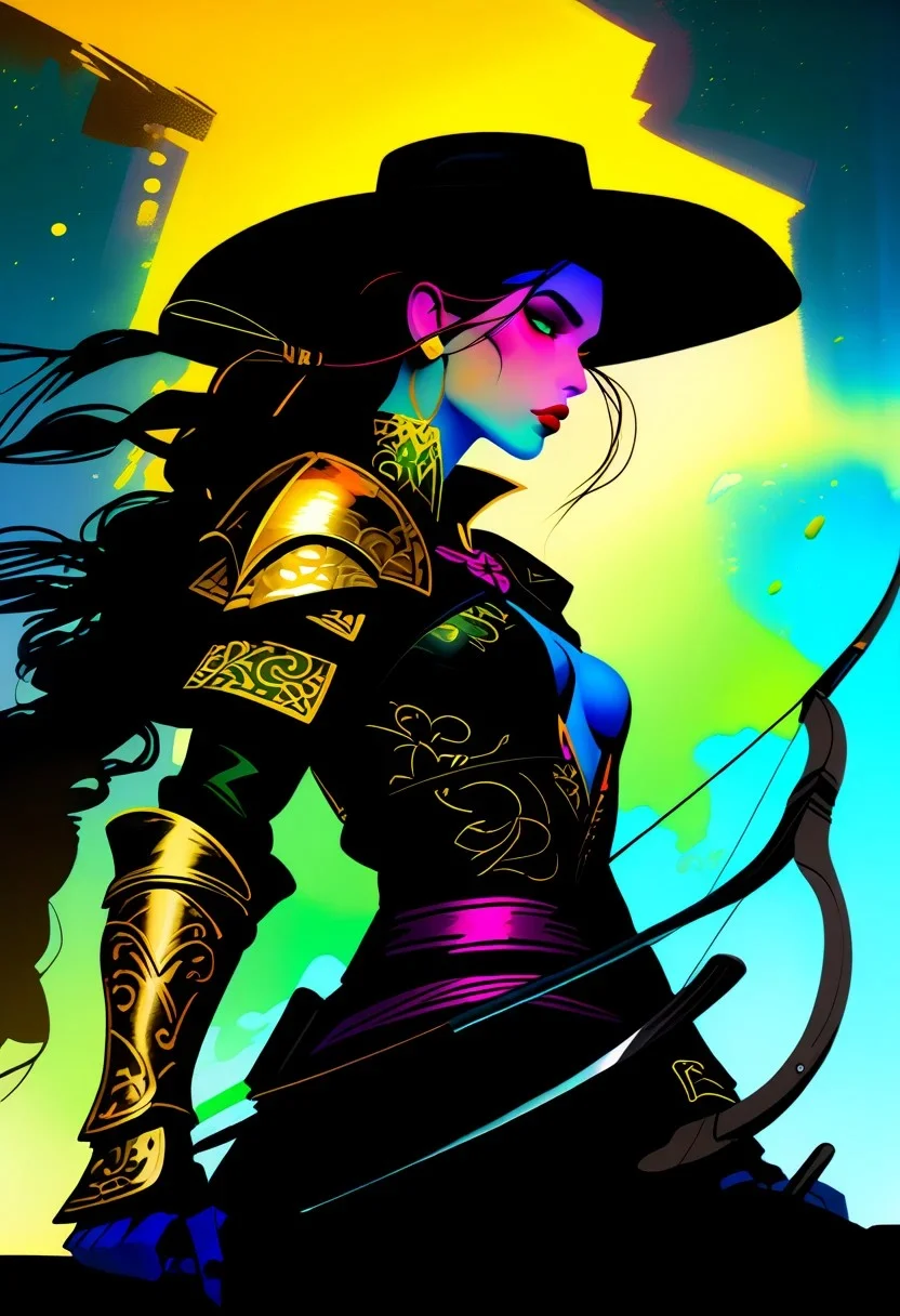 score_9, score_8_up, score_8_up, ((Cinematic composition)),((masterpiece)), (resplendent highlighting), 8k. Photorealistic
1girl, (full body). A beautiful hulking half-orc cowgirl (ribbons of glowing light swirl around her) stands by her horse. (Cowboy hat) cowboy boots, recurve bow on her back and hip quiver. (camera angle from below). ((full body)). (resplendent spotlight on her face). Ominous chaotic atmosphere.
Double exposure.
Ink, Charcoal and colourful oil pastels. impressionistic. faded watercolours (Klimt :1.2) dadaistic collage (by Bill Sienkiewicz:1.5), strikingly alluring face. brilliant spotlight effect. Vibrant thick dripping paint. Intense detail, realistic, dynamic shadows and contrasts. Matte and faded background colours.
surreal, intense colors, liquid, unreal parts, alluring, fluid, perfection, gothic. (Luminous skin dynamically spotlighted), Illustration, (klimt:0.8) (Bill Sienkiewicz:1.5). maximum detail, Chinese watercolor and ink technique. Gold leaf highlights.
<lora:xl_more_art-full_v1:0.4> <lora:epi_noiseoffset2:1>3