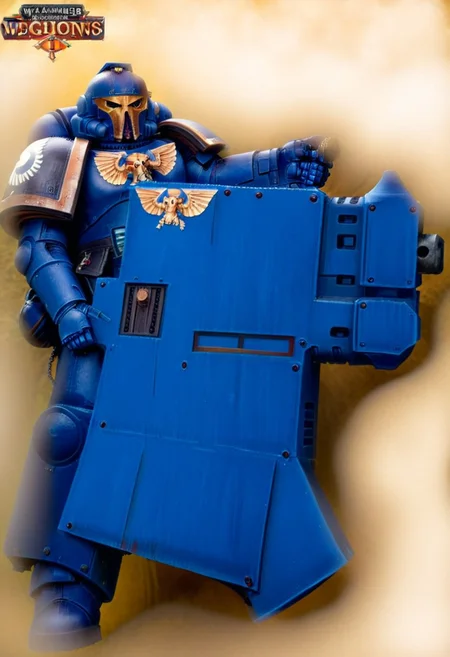 Score_9_up, absurdres, source: GamesWorkshop, grimdark, gothic horror, an adeptus astartes Ultramarines space marine in armor and helmet wielding a melta gun