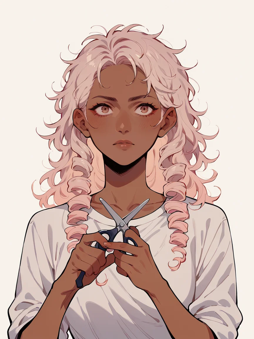 score_9, score_8_up, score_7_up, score_6_up, <lora:cuth41r2:1> cutting hair, cuth41r, haircut, cut off hair, cutting hair, holding scissors, 1girl, long hair, curls, ombre hair, pink, dark skin.