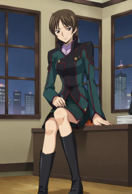 score_9,score_8_up,score_7_up BREAK source_anime,anime,<lora:Nagisa_Chiba_Code_Geass:0.8>,nchiba,1girl,solo,short hair,brown hair,brown eyes,black knights,skirt,boots,legs together,indoors,cityscape,front view,