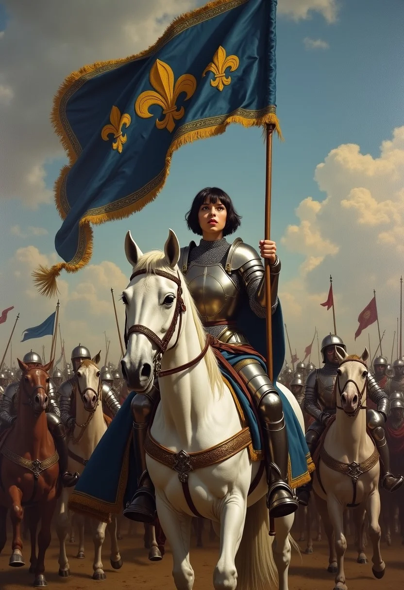 Masterpiece painting, dramatic angled-front view, , heroic painting of a beautiful girl on a medieval battlefield, short black hair, (men/'s) full-plate-mail armor, holding up a lance with a (long and narrow) (blue and gold) banner (with ((hundreds)) of embroidered fleur-de-lis), defiance of an enemy, sitting on a large white steed,