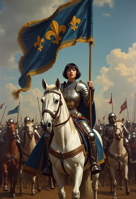 Masterpiece painting, dramatic angled-front view, , heroic painting of a beautiful girl on a medieval battlefield, short black hair, (men/'s) full-plate-mail armor, holding up a lance with a (long and narrow) (blue and gold) banner (with ((hundreds)) of embroidered fleur-de-lis), defiance of an enemy, sitting on a large white steed,